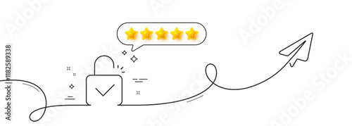 Lock line icon. Continuous line with share plane. Padlock approved sign. Security access symbol. Five star rate review in speech bubble. Lock single line ribbon. Loop curve pattern. Vector