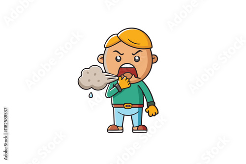 Funny cartoon character coughing with visible smoke or air puff, emphasizing humor in respiratory discomfort or awkward scenarios