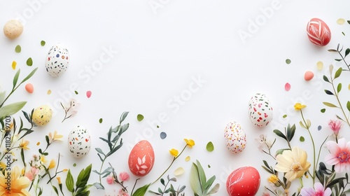 Colorful easter eggs and spring flowers on white background photo