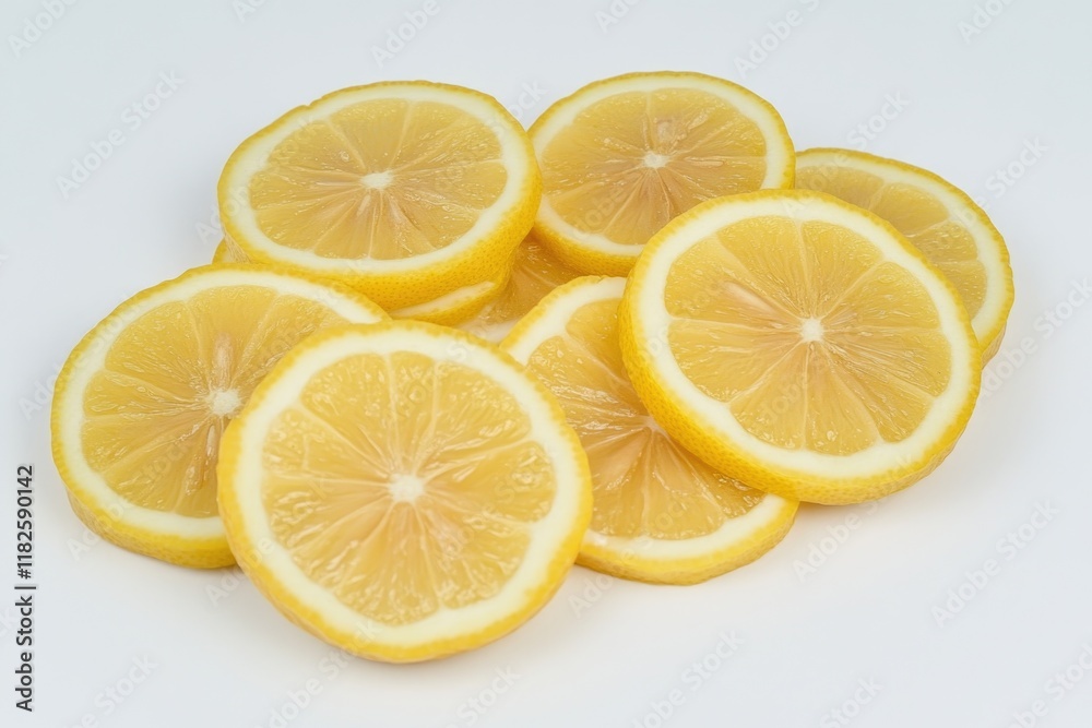 A fresh pile of lemon slices on a white surface A fresh pile of lemon slices on a white surface