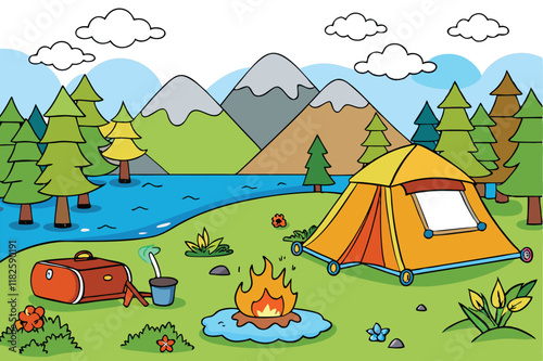 Illustration of a camping site with a tent, campfire, trees, and mountains by a lake, showcasing a peaceful outdoor nature scene