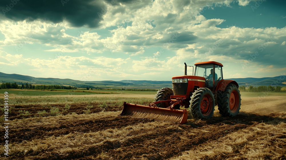 Fototapeta premium Vibrant sunset casts golden light over a tractor plowing fertile fields in rural landscape