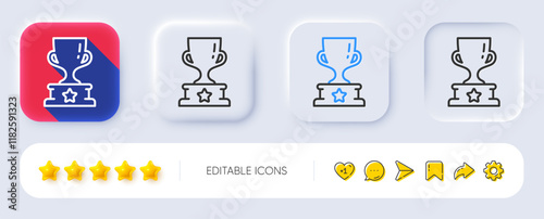 Winner cup line icon. Neumorphic, Flat shadow, 3d buttons. Award trophy sign. Best achievement symbol. Line winner cup icon. Social media icons. Vector