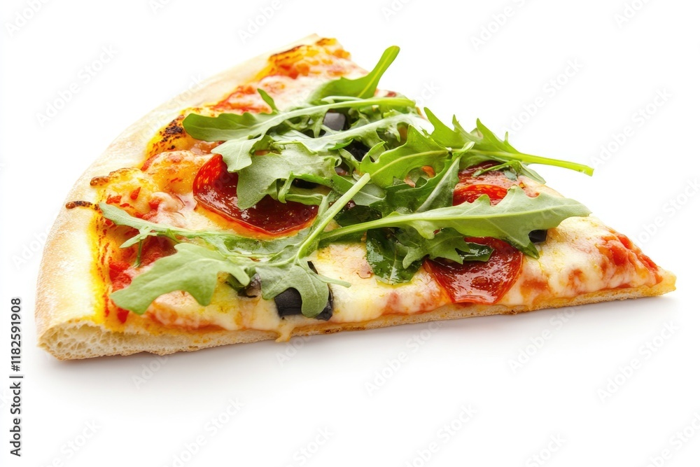 A close-up shot of a slice of pizza topped with fresh greens A close-up shot of a slice of pizza topped with fresh greens