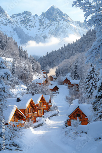 Wallpaper Mural Village alpin enneigé au lever du soleil avec chalets et montagnes Torontodigital.ca