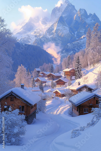 Village alpin enneigé au lever du soleil avec chalets et montagnes photo