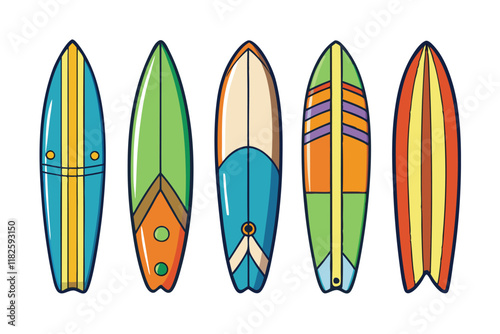 Vibrant surfboards with artistic patterns, featuring a mix of tropical and summer vibes for decor, design, or educational purposes