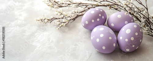 close up of painted dots pattern pastel purple easter eggs with spring willow branches and flowers on white background, spring holiday concept banner