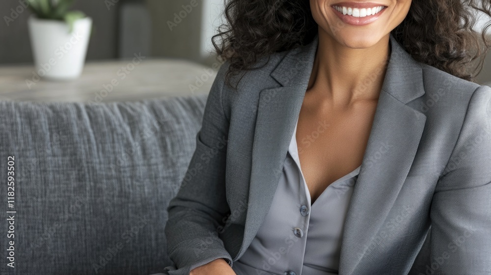 Fototapeta premium A happy woman sits on a couch, smiling at something off-camera
