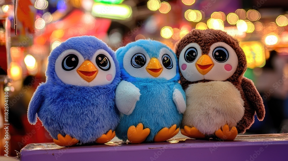 Obraz premium Adorable plush toy penguins group colorful fair toy photography bright atmosphere close-up view cuteness factor