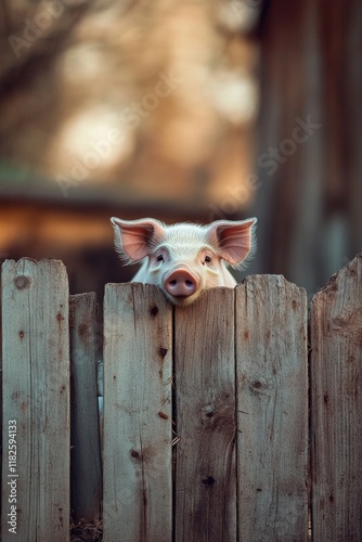 A curious pig looks out from behind a farm fence