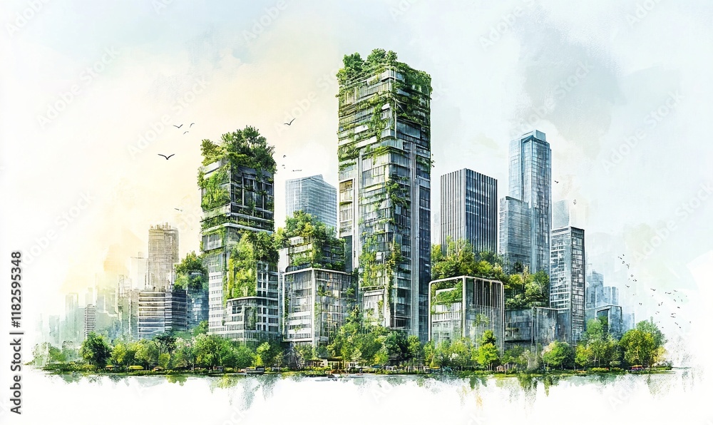 Obraz premium Modern Cityscape with Vertical Forest Skyscrapers and Sustainable Architecture