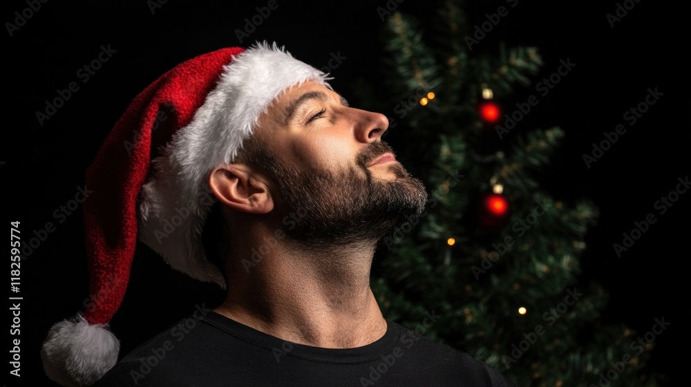 man wearing a red and white Santa hat looks upward, enjoying the holiday spirit. decorated Christmas tree stands behind him, adorned with lights and ornaments, creating a festive atmosphere man wearing a red and white Santa hat looks upward, enjoying the holiday spirit. decorated Christmas tree stands behind him, adorned with lights and ornaments, creating a festive atmosphere