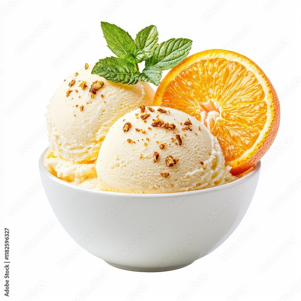 Delicious Orange Sorbet ice cream scoops topped with crunchy almonds and fresh orange slices, perfect for a refreshing dessert. Delicious Orange Sorbet ice cream scoops topped with crunchy almonds and fresh orange slices, perfect for a refreshing dessert.