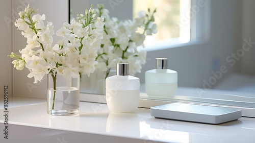 White flowers and skincare bottles on a clean bathroom counter