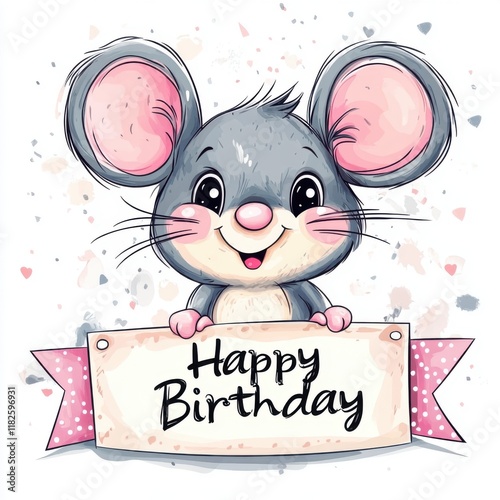 Cute mouse holding a banner with the text 
