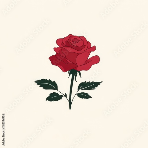A red rose, simple flat illustration style, white background, minimalist lines, vector graphics, minimalist details, minimalist form design, cute and dreamy cartoon style.