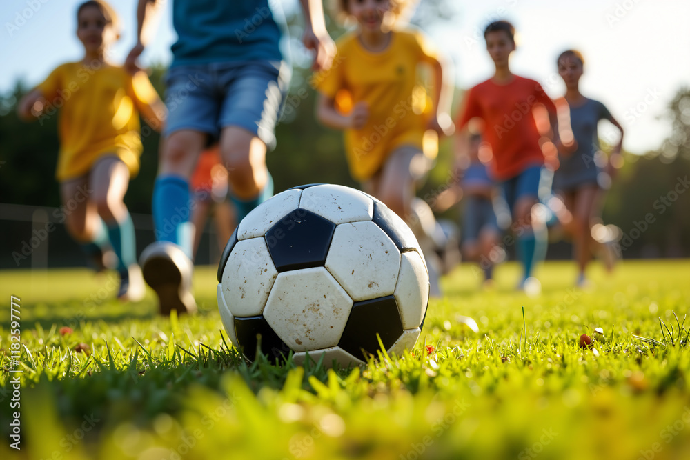 A soccer ball sits on a grassy field, with children in colorful jerseys running in the background, likely during a youth soccer game. A soccer ball sits on a grassy field, with children in colorful jerseys running in the background, likely during a youth soccer game.