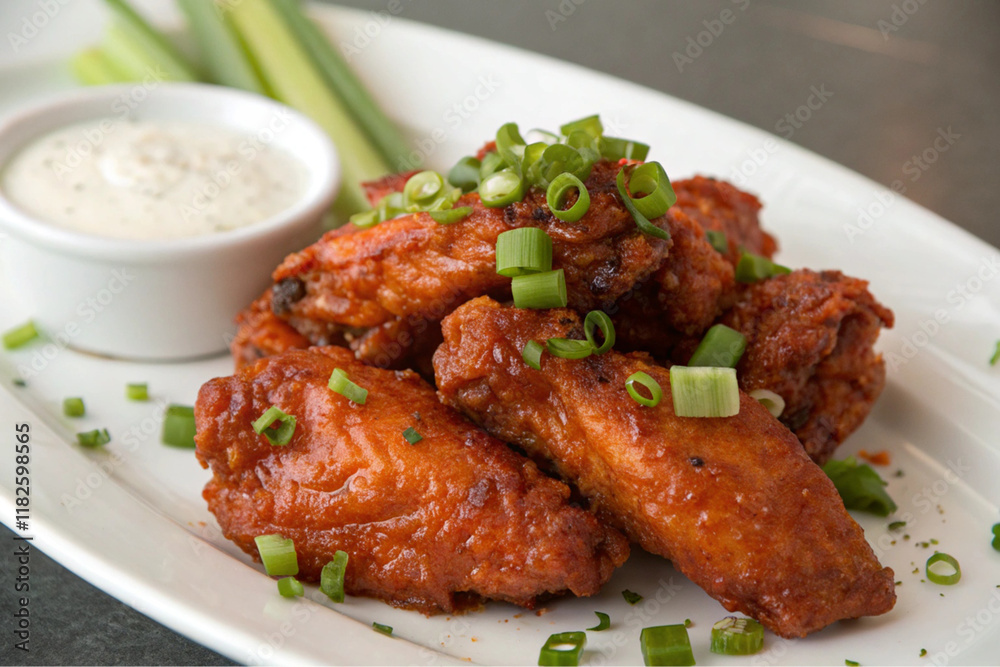 Spicy Buffalo Chicken Wings with Ranch Dressing and Green Onions Spicy Buffalo Chicken Wings with Ranch Dressing and Green Onions
