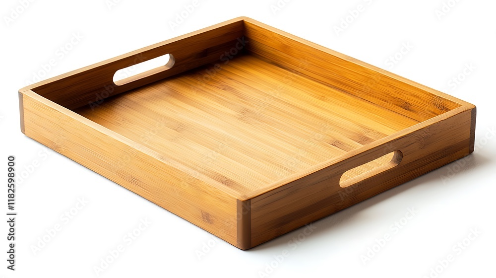 A wooden tray with a handle sits on a white background A wooden tray with a handle sits on a white background