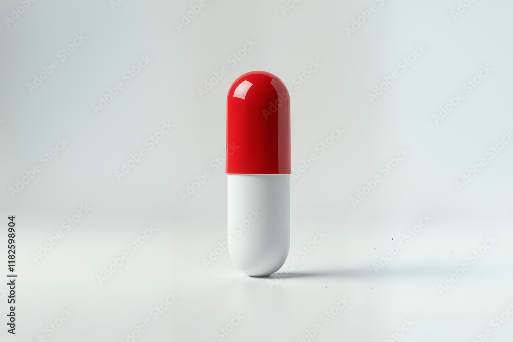 A single, upright capsule with a glossy red top and a white bottom, standing out against a plain, light-colored background. A single, upright capsule with a glossy red top and a white bottom, standing out against a plain, light-colored background.