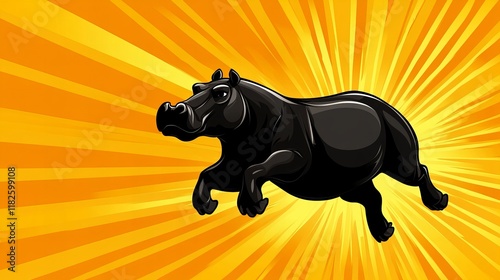 A powerful black hippopotamus leaps forward against a vibrant orange sunburst background. Dynamic illustration. photo