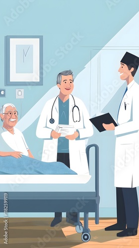 Cartoon-style illustration depicting a doctor with medical instruments in hand standing next to the bed of an elderly patient who is lying on their back