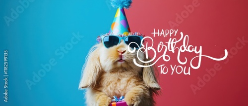 Happy Birthday Bunny Rabbit Wearing Party Hat and Sunglasses photo