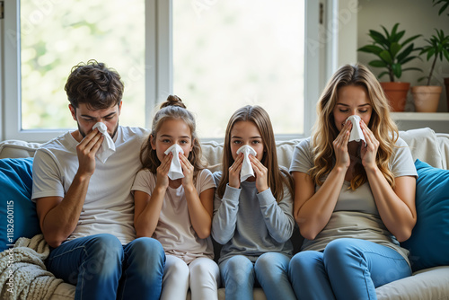 A family of four sits on a couch, each blowing their nose with tissues, suggesting they might be unwell. The room is bright with natural light from a large window behind them.