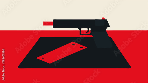 Weapon Evidence Tag A small handgun p on a protective mat. A red evidence tag is taped to the grip with details about the collection documented on it.