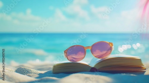 Relaxing beach scene with an open book and sunglasses on a sandy surface. Soft colors, studio lighting, and realistic details make this perfect for summer vacation concepts. photo