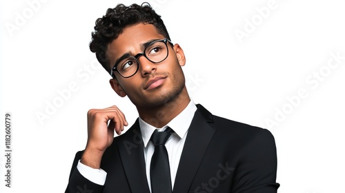 Thoughtful young adult hispanic male in formal suit with glasses pondering on white background