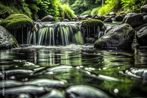 Serene creek cascading over mossy rocks. photo