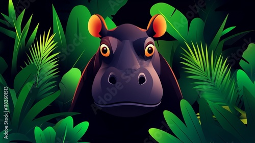 A curious hippopotamus peeks from lush, vibrant green foliage in this captivating illustration.  Dark shadows add depth. photo