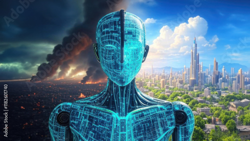 An AGI divides a dystopian city and a utopian future landscape