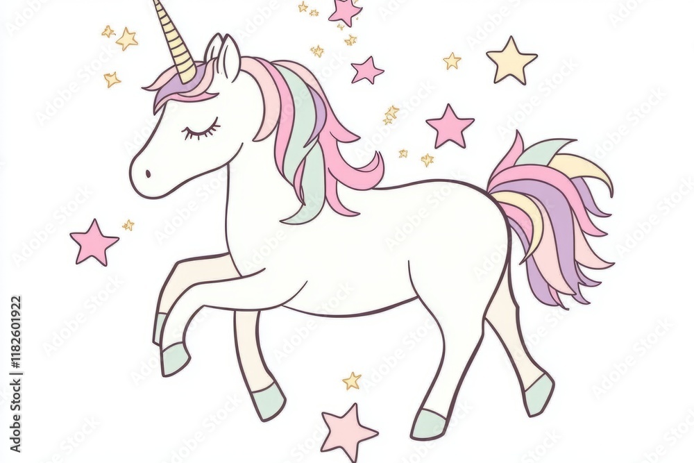 Fototapeta premium Colorful cartoon unicorn with stars and pastel mane