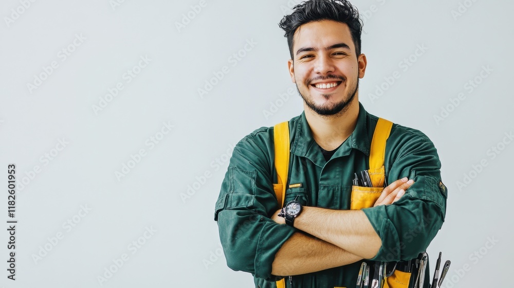 A young man in a work uniform smiles confidently while crossing his arms
A young man in a work uniform smiles confidently while crossing his arms