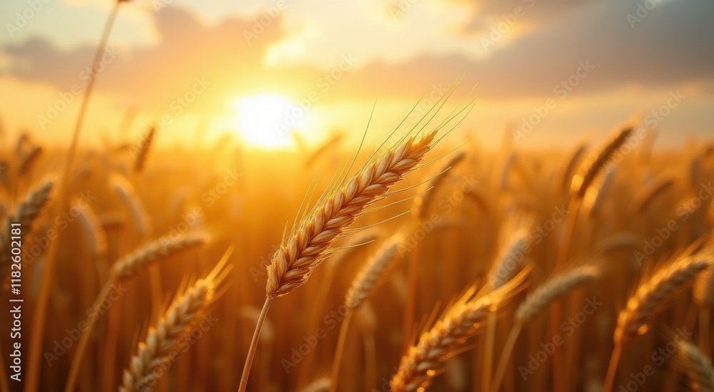 Obraz premium Wheat field with sun setting in the background