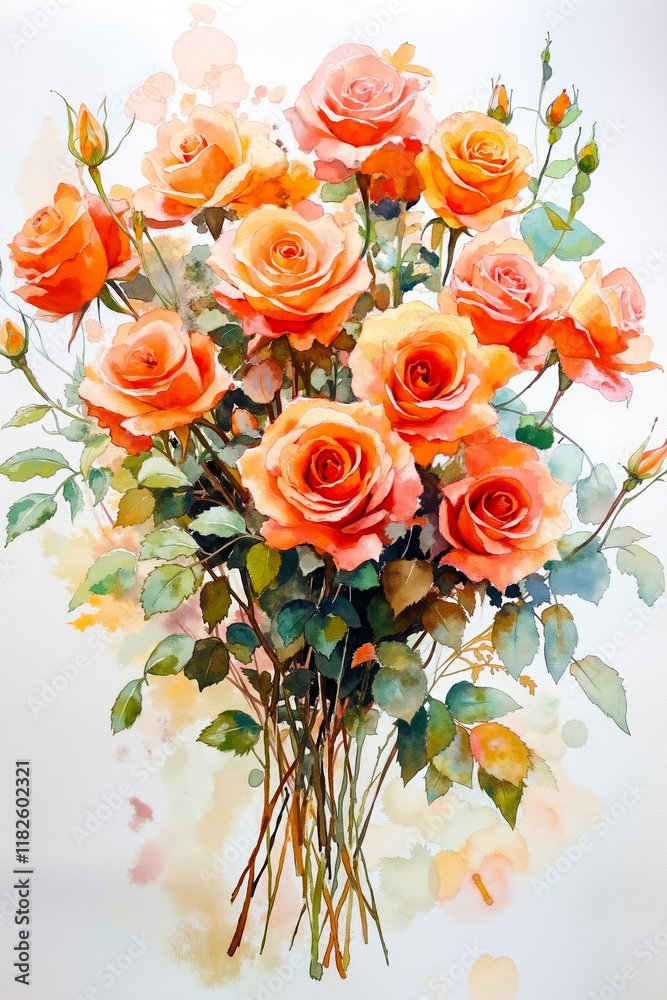 Fototapeta premium A watercolor painting of a bouquet of orange roses on a white background