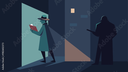 Urban Alley Observation The detective leans against a wall in a dimly lit alley peering around the corner at a suspect exchanging soing with another figure.