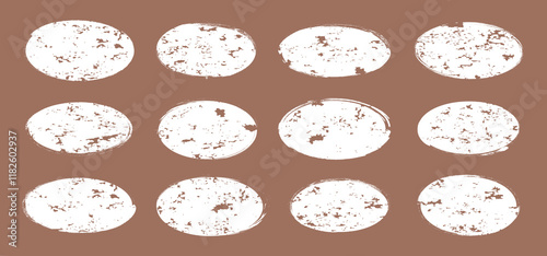 Brush paint oval, charcoal round blob, grunge texture stain, rough frame, crayon drawn ellipse, chalk white spot on mocha mousse color background. Trendy colour 2025 year. Charcoal vector illustration