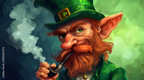 Whimsical leprechaun with pipe and green hat in mystical background photo