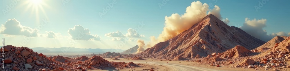 Fototapeta premium Sky-high debris cloud, flattened structures, empty horizon, overhead view, perspective