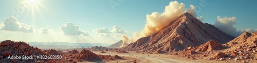 Sky-high debris cloud, flattened structures, empty horizon, overhead view, perspective photo