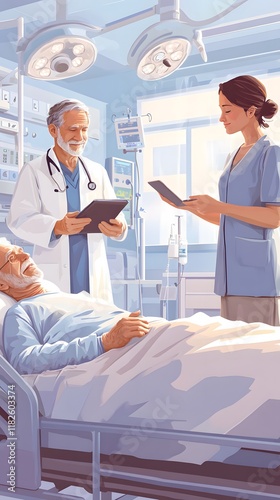 Cartoon-style illustration depicting a doctor with medical instruments in hand standing next to the bed of an elderly patient who is lying on their back