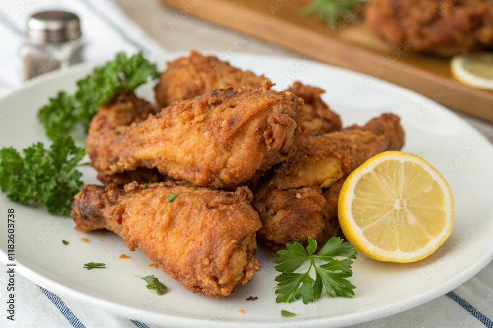 Crispy Fried Chicken Drumsticks with Lemon and Parsley Garnish Crispy Fried Chicken Drumsticks with Lemon and Parsley Garnish