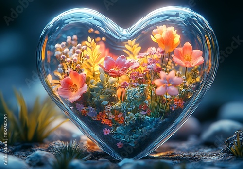 Glass Heart with Flowers Inside, a Delicate Expression of Love and Beauty.

