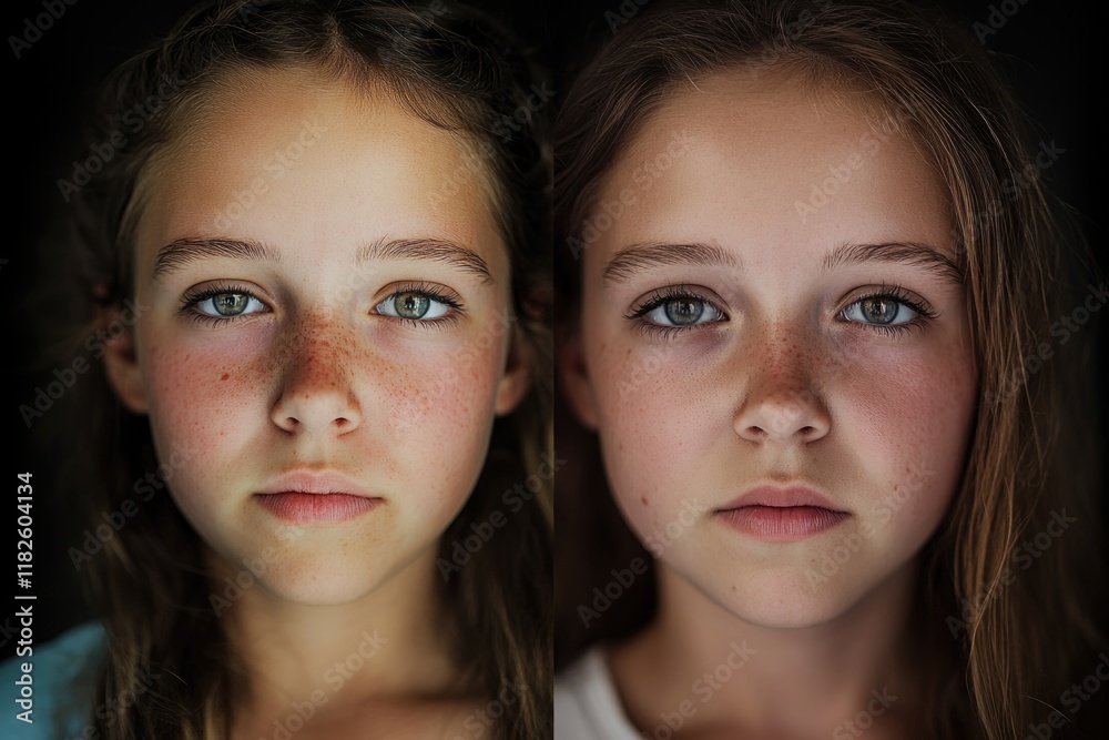 Two young girls with visible freckles on their faces, smiling and interacting Two young girls with visible freckles on their faces, smiling and interacting