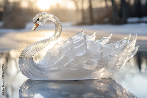 swan with graceful curves and polished details on a reflective surface, highlighted in a bold, tactile, and exclusive 3D rendering with vibrant, glossy, and symmetrical algorithmic art features photo