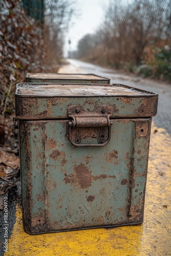 A vintage suitcase rests beside a road, potentially abandoned or forgotten photo